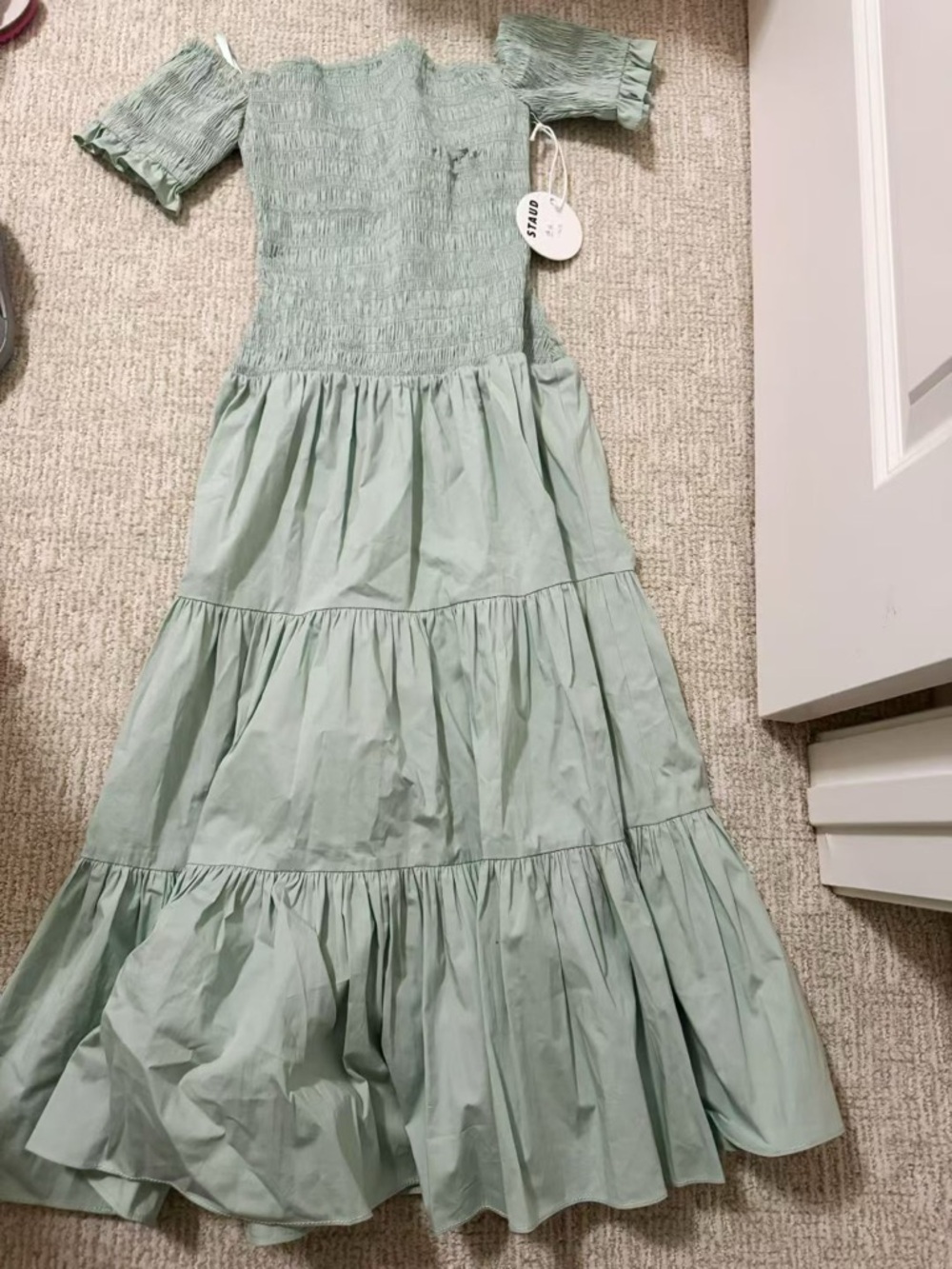STAUD Sage Green Smocked Dress